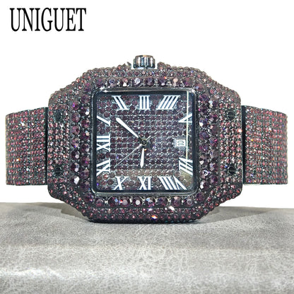 Green Diamond Watch For Men Brand UNIGUET Fashion Roman Literal Quartz Clock Man Hip Hop Iced Jewelry Square Wristwatch 2025 New