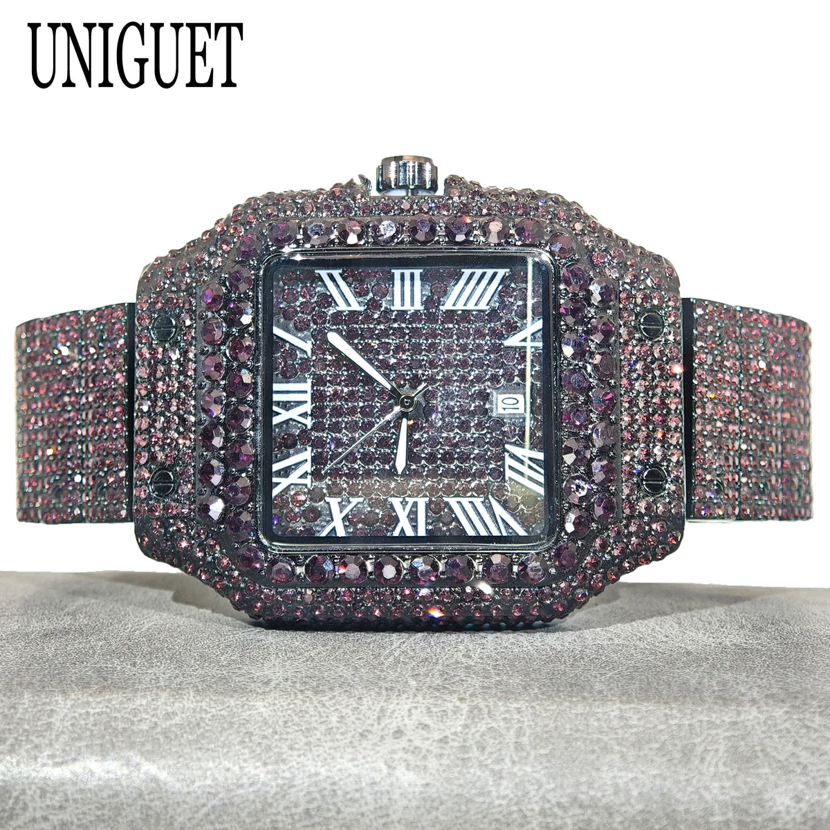 Green Diamond Watch For Men Brand UNIGUET Fashion Roman Literal Quartz Clock Man Hip Hop Iced Jewelry Square Wristwatch 2025 New