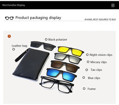 Ochelari de soare polarizați cu magnet pentru miopie, pentru femei și bărbați, ochelari cu clemă, ochelari optici pătrați, rame de ochelari 6 în 1 – de la -0,5 la -10