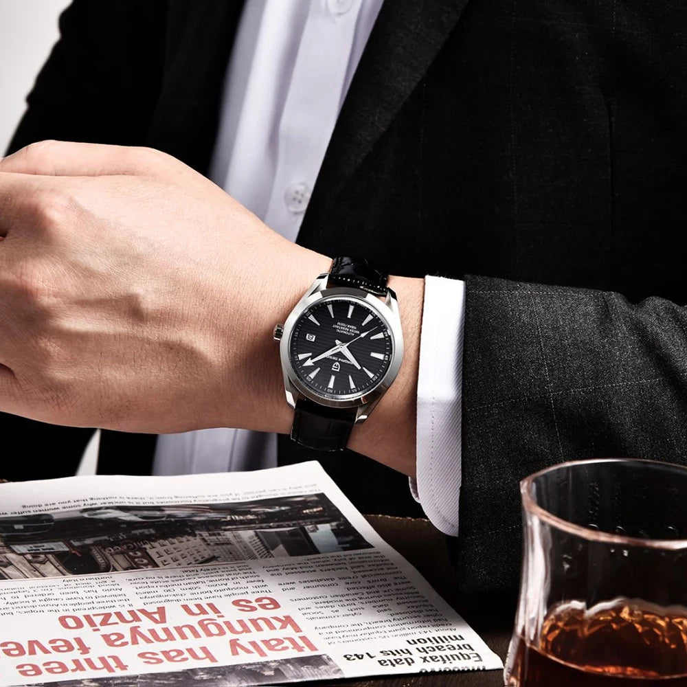 Relógio de luxo para homem PAGANI DESIGN – Modelo automático mecânico (calibre 8215), em aço inoxidável, estanque, com indicador de data e ponteiros luminescentes