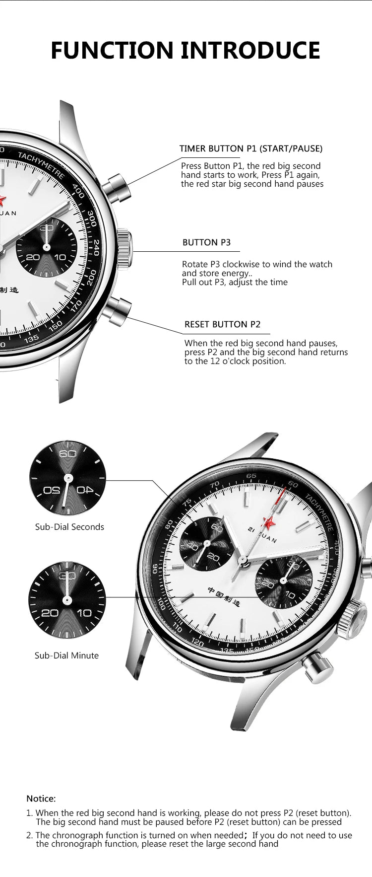 Red Star Panda Mens 1963 Chronograph Mechanical Wristwatch Seagull st1901 Movement Gooseneck 40mm Luminous Sapphire Pilot Watch