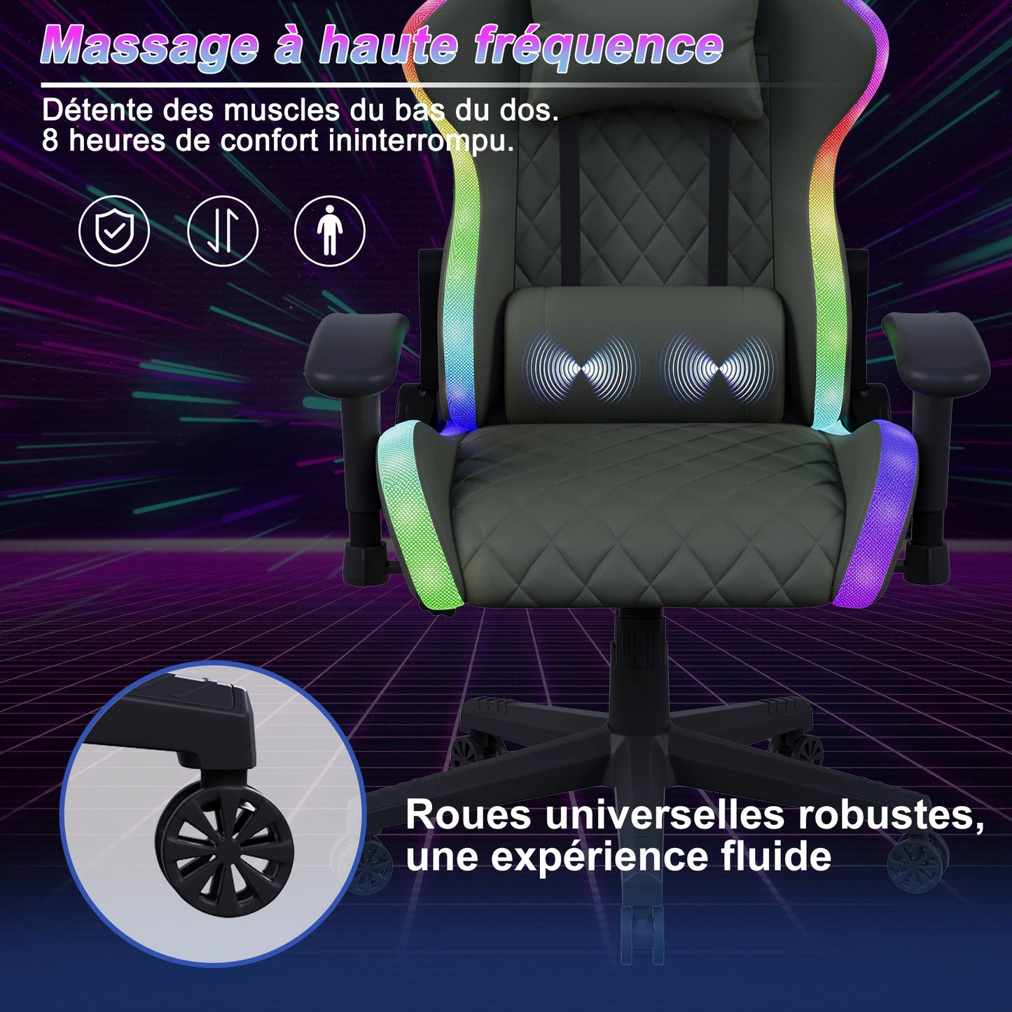 Fangange Gaming Chair with Massage Function, Adjustable backrest,Computer Chair,with ambient light,Lumbar Cushion, Pillow,150 KG