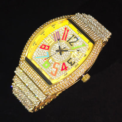 Men's Luxury Barrel-Shaped Quartz Watch With Black Iced Diamond Rainbow Number Dial Luminous Hands Watches For Man Dropshipping