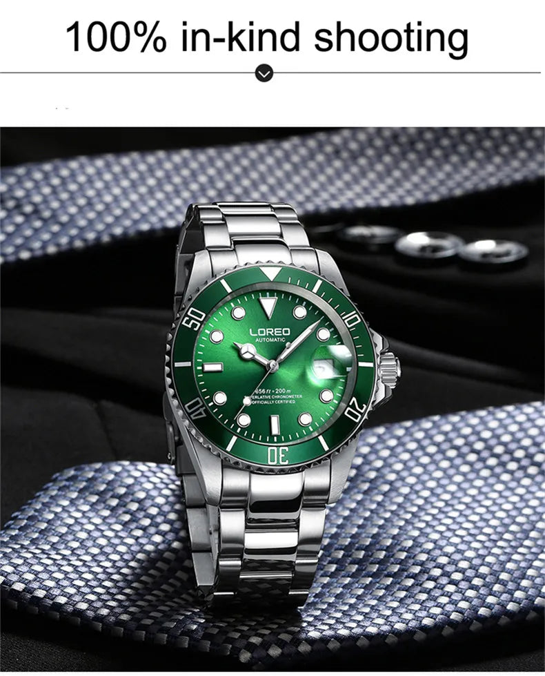 LOREO New Sapphire Glass Automatic Mechanical Watch Luxury Steel 200m Waterproof Business Watch Men Watches Reloj Hombre