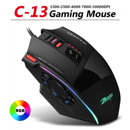 ZELOTES C-13 RGB Gaming Mouse with Side Buttons Macro Programming 10000DPI Adjustable 13 Key Wired USB Backlit Mouse for Desktop