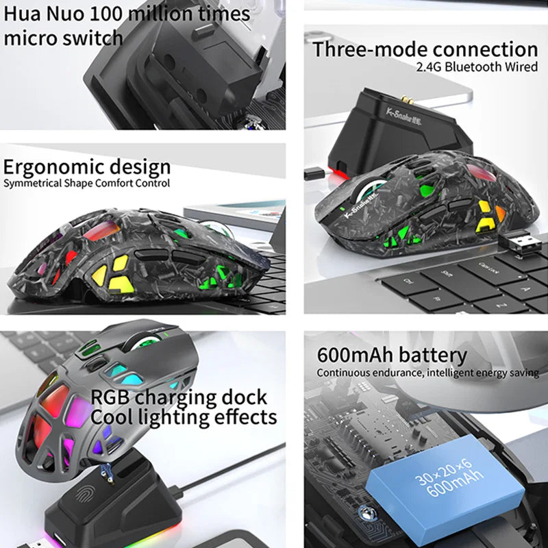 Лека геймърска мишка Lenovo Tri-Mode с RGB зарядна докинг станция 12000DPI 2.4G/Bluetooth/кабелна ергономична мишка за PC и лаптоп