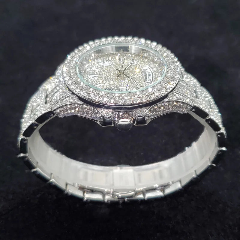Luxury Diamond Watch for Men Fashion Bling Iced Out Day Date Watches Hip Hop Golden Stainless Steel Quartz Man Clock Hot Sale