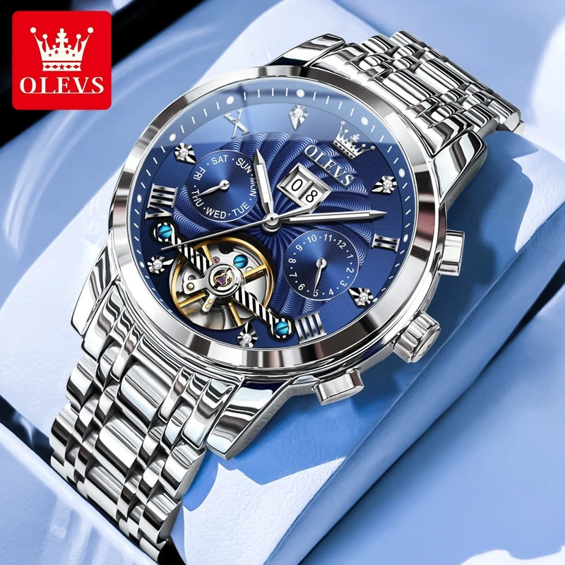 OLEVS 9910 Original Men's Automatic Mechanical Watch Luxury Skeleton Stainless steel Waterproof Luminous Watches