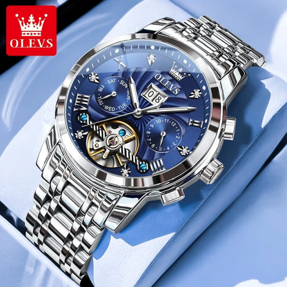 OLEVS 9910 Original Men's Automatic Mechanical Watch Luxury Skeleton Stainless steel Waterproof Luminous Watches