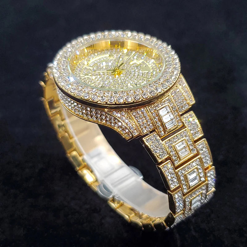 Luxury Diamond Watch for Men Fashion Bling Iced Out Day Date Watches Hip Hop Golden Stainless Steel Quartz Man Clock Hot Sale