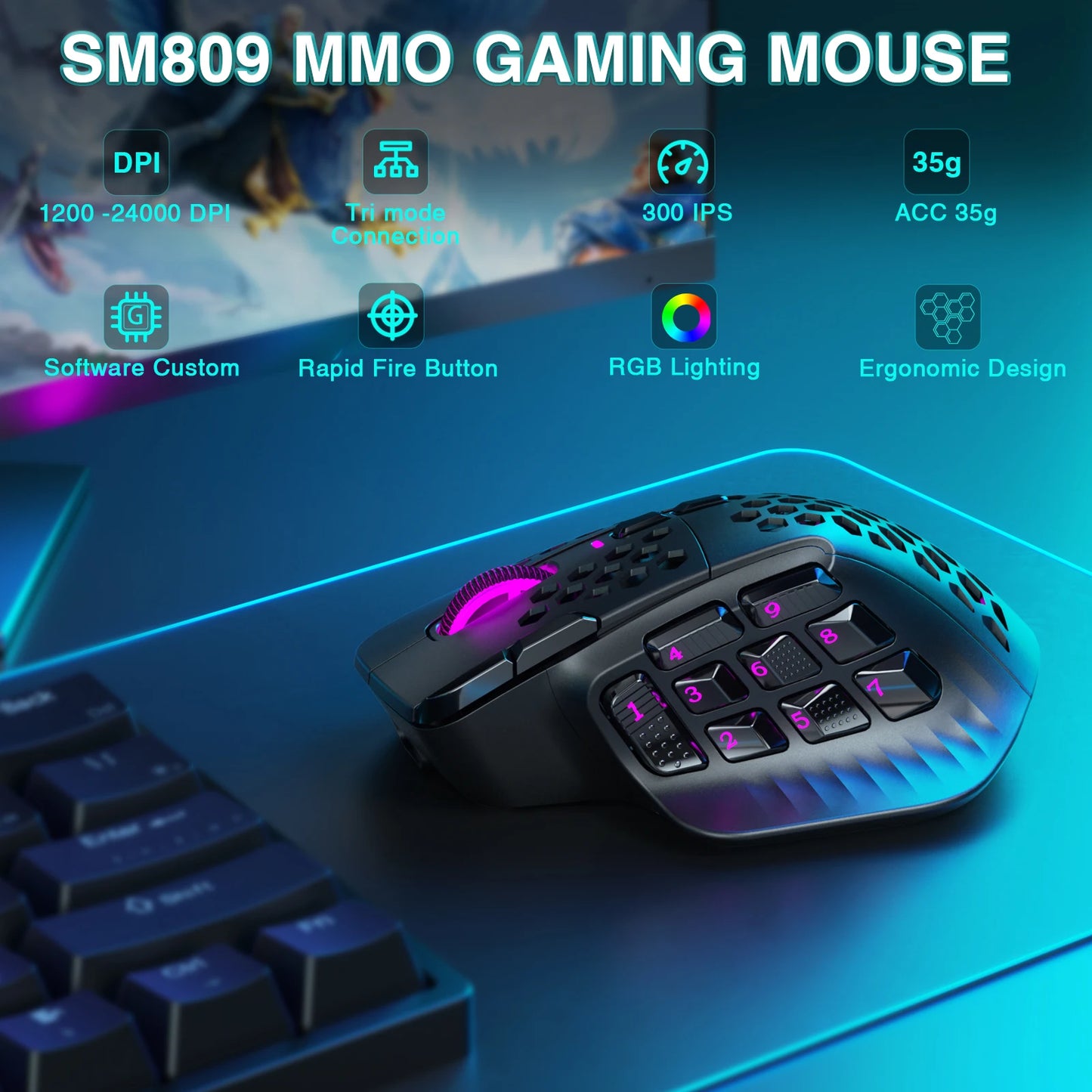 SOLAKAKA SM809 Pro Wireless MMO Gaming Mouse PAW3311 16 Side Buttons 24000 DPI RGB Honeycomb Programmable Macro Wireless Mouse
