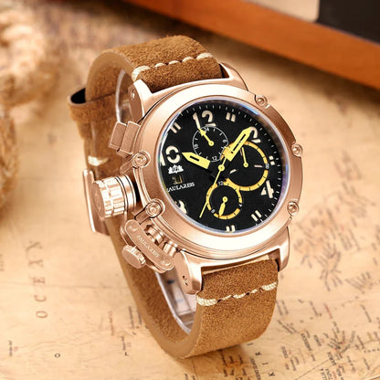 Automatic Watches for Men Mechanical Self Wind Genuine Leather Multifunction Date Boat Month Gold Bronze U Reloj Hombre Baratos