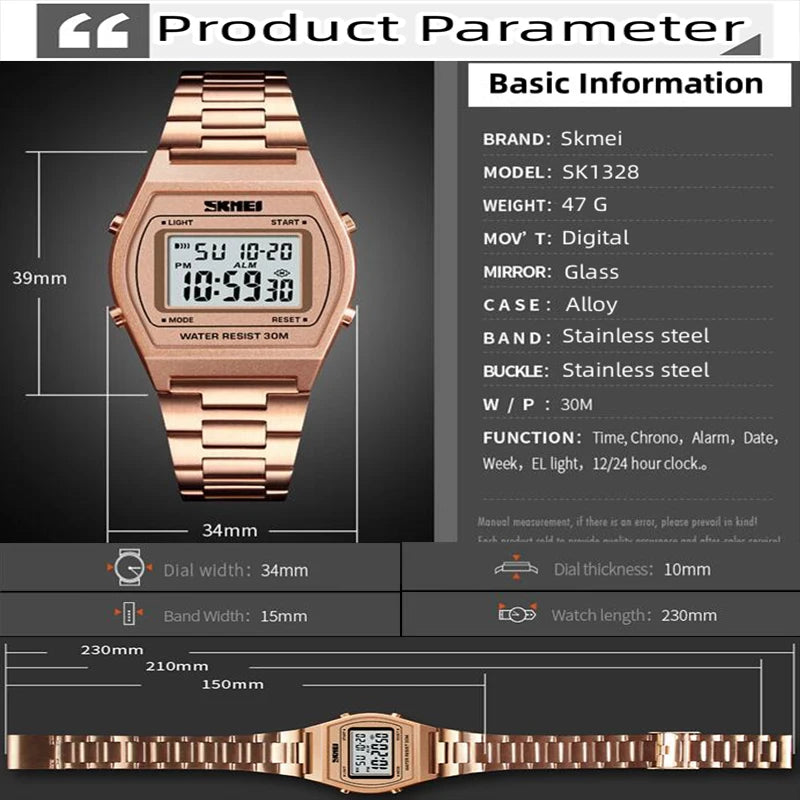 Skmei Unisex Digital Sport's Watches Stainless Steel Strap Led Waterproof 12/24 Hour Format Electronic Alarm Clock