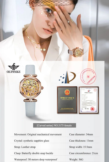 OUPINKE 3175 Women Watches Luxury Elegant Skeleton Automatic Mechanical Watches For Woman 50M Waterproof Bracelet Necklace Set