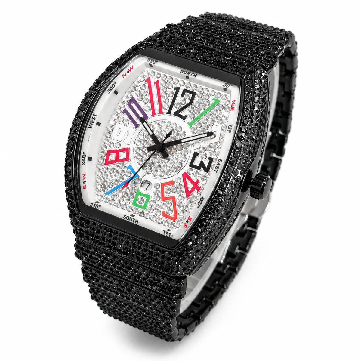 Men's Luxury Barrel-Shaped Quartz Watch With Black Iced Diamond Rainbow Number Dial Luminous Hands Watches For Man Dropshipping
