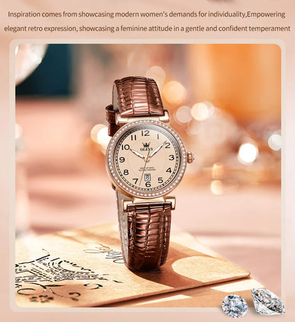 OLEVS 2025 New Fashion Womens Watches Top Brand Luxury Leather Strap Waterproof Calendar Diamond  Quartz Watch Relogio Feminino