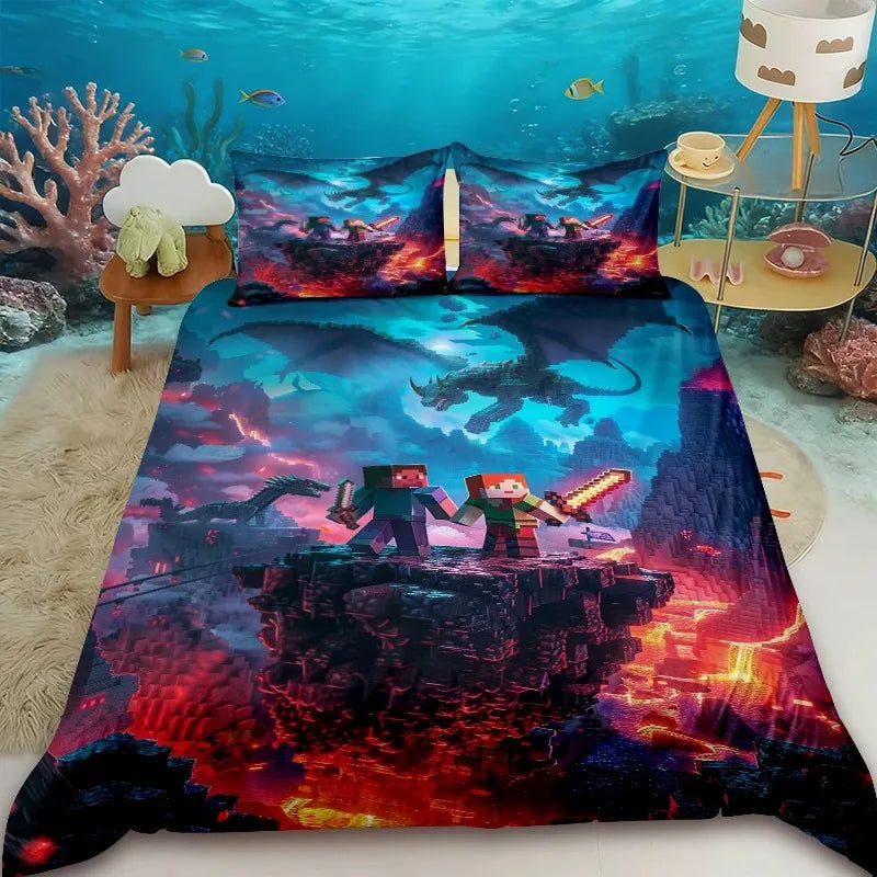 Minecraft 2/3pcs Duvet Cover Cute Cartoon Game Quilt Cover Bedding Set with 1/2 Pillowcase Gifts Bedroom Dormitory