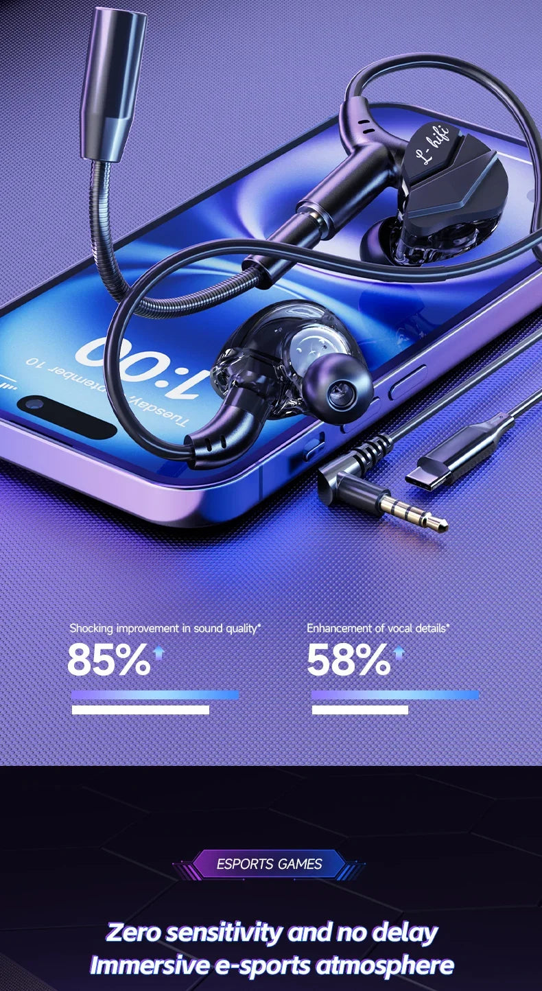 Auriculares para videojuegos con doble micrófono, auriculares estéreo Hi-Fi para videojuegos con conexión tipo C y cable de 3,5 mm, auriculares intraauriculares con reducción de ruido y micrófono para Samsung