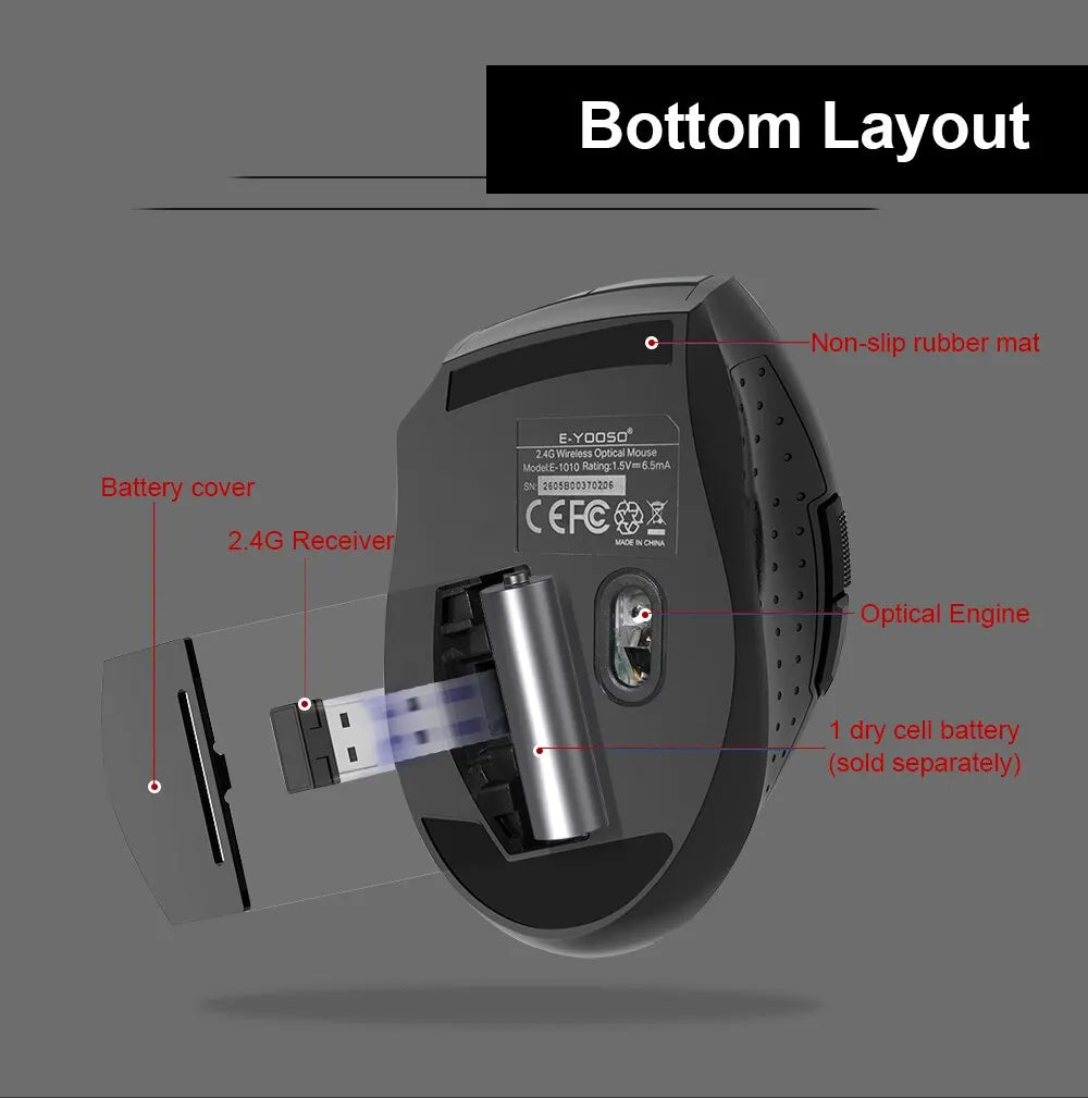 E-YOOSO E-1010 USB 2.4G bezdrôtová herná a kancelárska myš, 2400 DPI, optická ergonomická myš na hranie pre notebook a PC