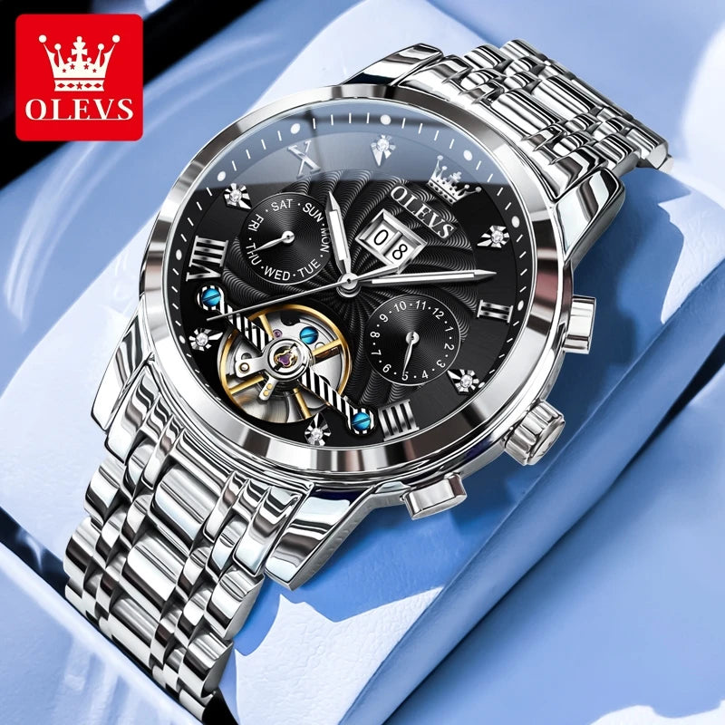 OLEVS 9910 Original Men's Automatic Mechanical Watch Luxury Skeleton Stainless steel Waterproof Luminous Watches