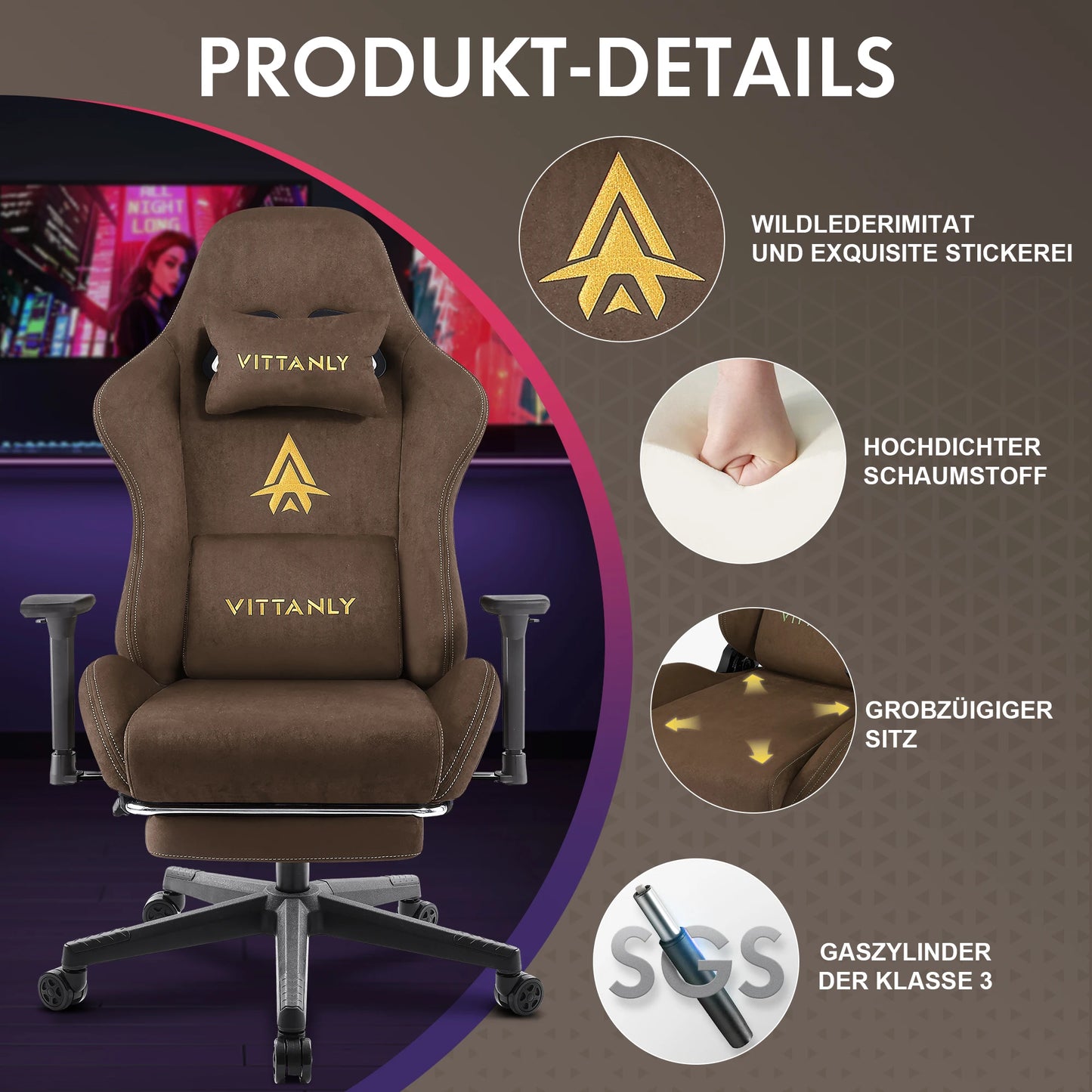 HAPIHAPPY Fashion Gaming Chair Genuine Computer Office Chair with Pocket Spring Cushion Linkage Armrests and Footrest Game Chair