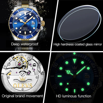 OLEVS 6650 Men Watch Classic Original Automatic Mechanical Watch For Man Zircon Scale Waterproof Luminous Stainless Steel Watch