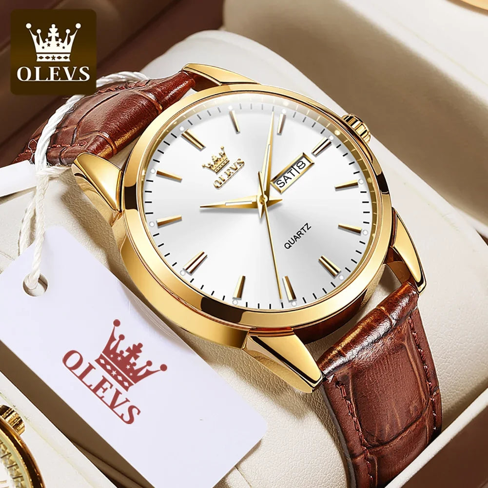 OLEVS kvartsarmbandsur för män – Lyxig och elegant stil, läderarmband, datum- och veckodagsvisning, vattentätt, perfekt för arbetet