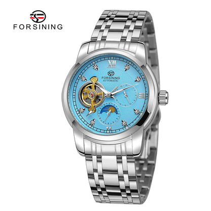 Relógio mecânico automático para homem Forsining – Estilo de luxo, empresarial e de moda, bracelete em metal, turbilhão, ponteiros luminescentes, adornado com diamantes artificiais