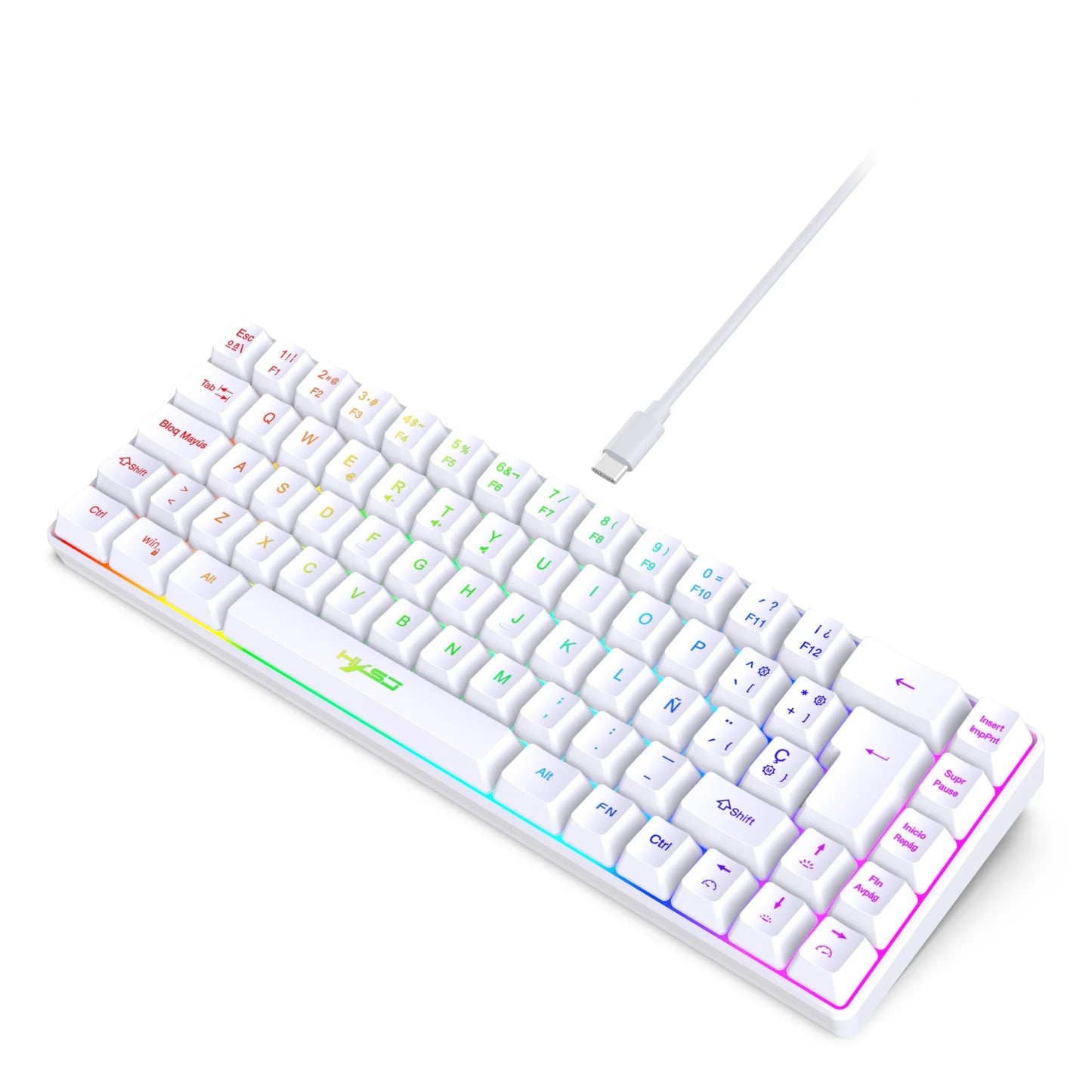 Promoção imperdível! Teclado gaming com fios espanhol de 69 teclas, retroiluminação RGB e design compacto 68%, um acessório indispensável para profissionais de escritório e gamers
