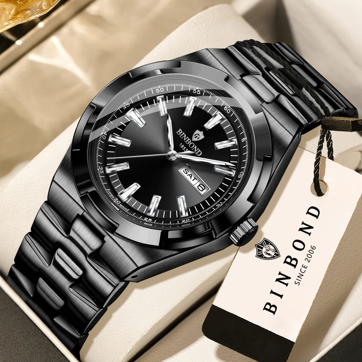 Relógios de quartzo BINBOND em aço inoxidável para homem – Relógio de luxo, estanque e luminescente – Modelo original para homem
