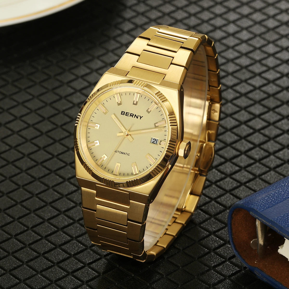 Relógio automático para homem BERNY, dourado, vidro de safira, ponteiros luminescentes, 100 % original, equipado com um movimento PT5000, revestimento antirreflexo, modelo de luxo com luneta intercambiável, estanque até 5 ATM.