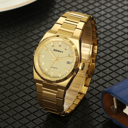 Relógio automático para homem BERNY, dourado, vidro de safira, ponteiros luminescentes, 100 % original, equipado com um movimento PT5000, revestimento antirreflexo, modelo de luxo com luneta intercambiável, estanque até 5 ATM.