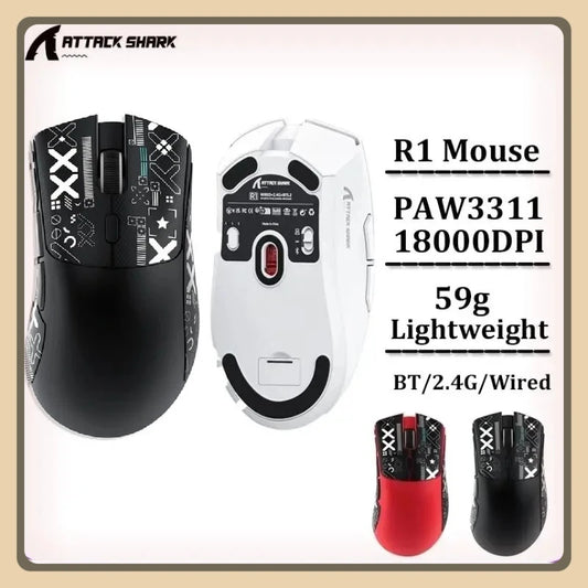 Mysz gamingowa Attack Shark R1 2.4G USB Wireless Bluetooth, 18K DPI, PAW3311, łączność w trzech trybach, lekka konstrukcja 59g, do PC, laptopa i Maca