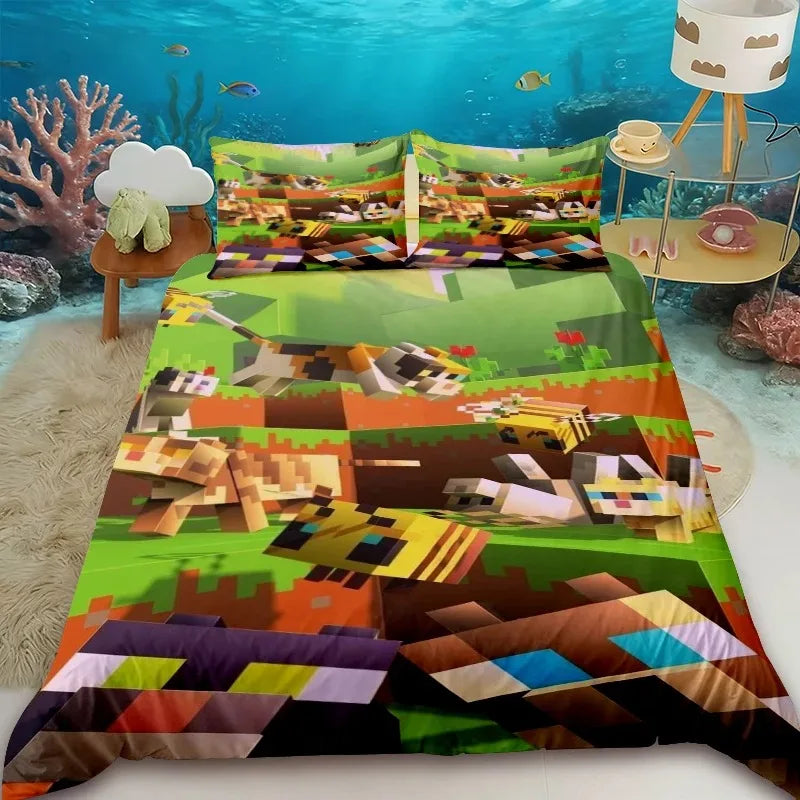 Minecraft 2/3pcs Duvet Cover Cute Cartoon Game Quilt Cover Bedding Set with 1/2 Pillowcase Gifts Bedroom Dormitory