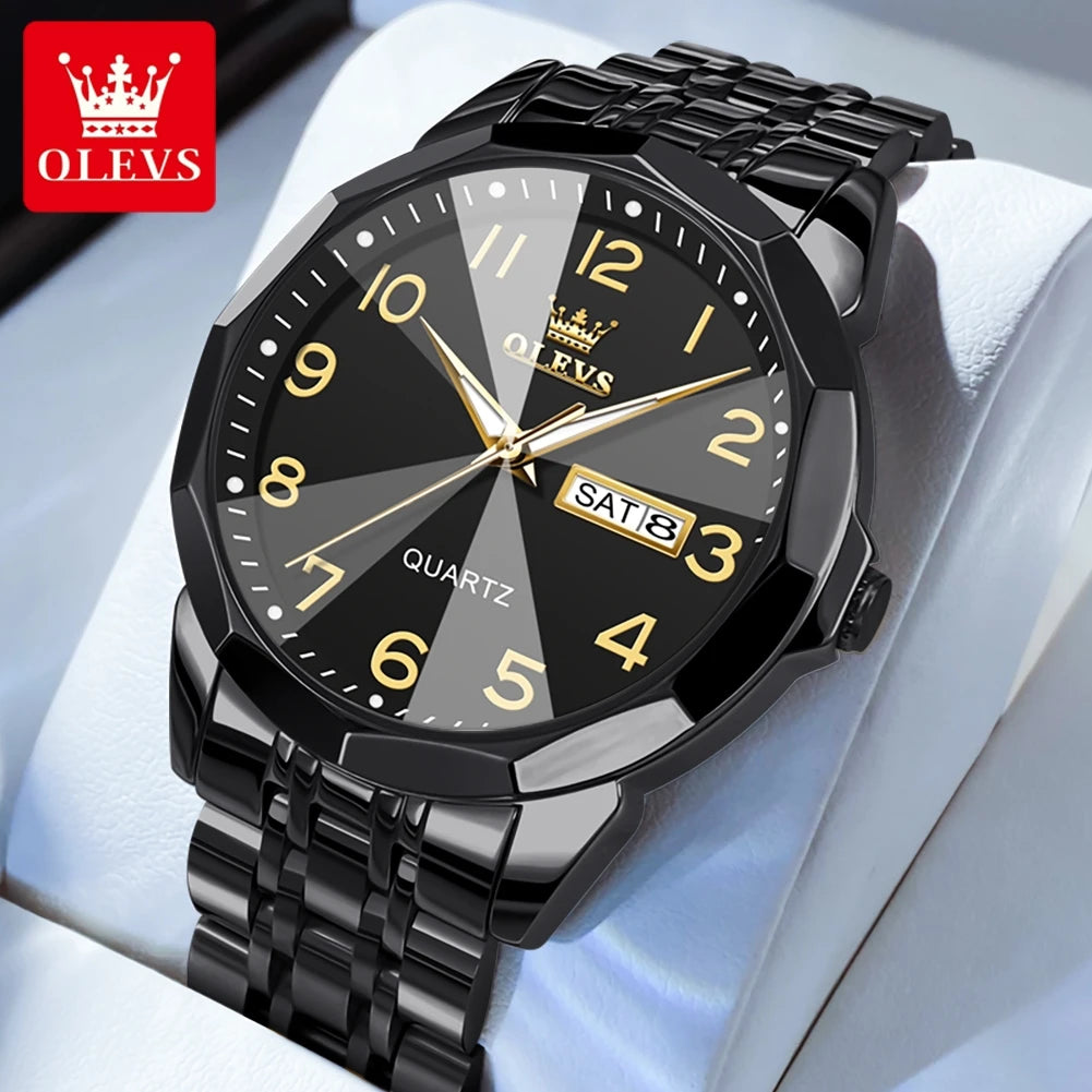 OLEVS 9970 Men Watch Original Brand Waterproof Luminous Quartz Watch Rhombus Mirror Stainless Steel Date-Day-Date Watch With Box
