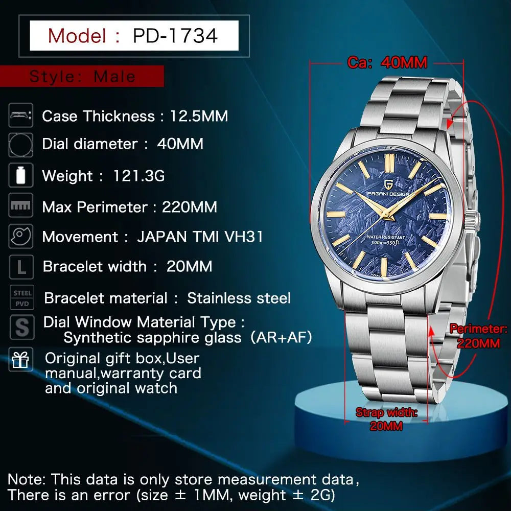 PAGANI DESIGN 40MM Men Quartz Watches Japan TMI VH31 Luxury Business Sapphire 316L Stainless Steel 100M Waterproof Watch For Men