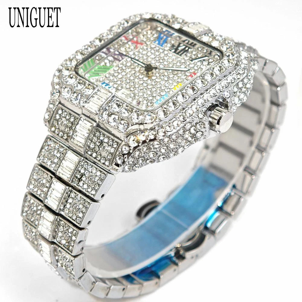 UNIGUET Fashion Diamond Watch for Men Luxury Waterproof Square Quartz Clocks Hip Hop Ice Out Jewelry Wristwatch Male Hot Sell