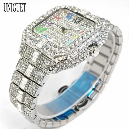 UNIGUET Fashion Diamond Watch for Men Luxury Waterproof Square Quartz Clocks Hip Hop Ice Out Jewelry Wristwatch Male Hot Sell