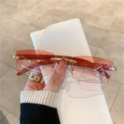 Rectangle Fashion Rimless Sunglasses for Women Men Gangster 90s Frameless Shades Retro Vintage Trendy Wooden Frame Eyewear