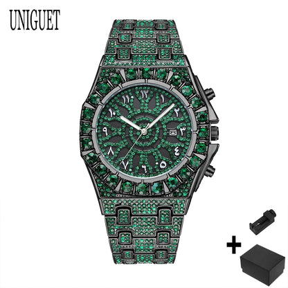 UNIGUET Hip Hop Wristwatch For Men Luxury lce Out Full Diamond Watches Fashion Green Watch Waterproof Clock Man 2026 Hot Sale