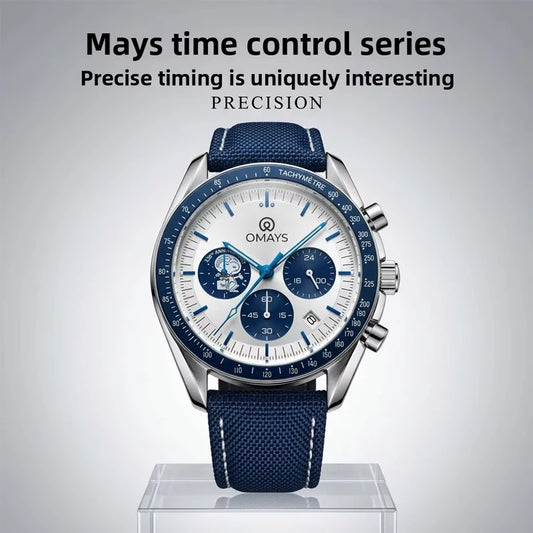 OMAYS Men's Luxury Sport Watch, 50th Anniversary Edition, Blue Nylon Band, Chronograph Quartz Wristwatch