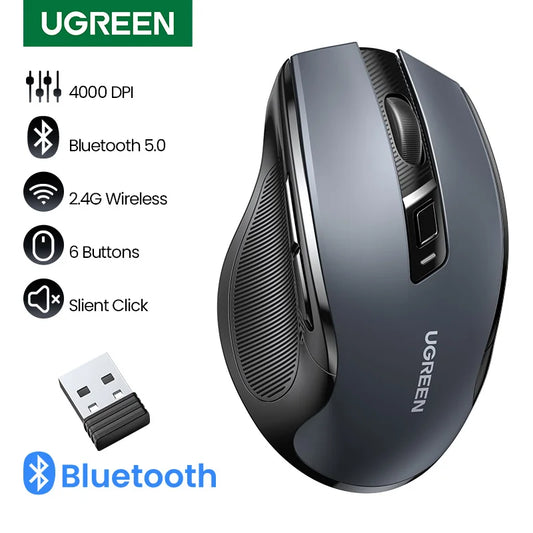 UGREEN vezeték nélküli egér Bluetooth 5.0 kapcsolattal, ergonomikus 4000DPI, 6 csendes gomb, egér MacBookhoz, tablethez, laptophoz, számítógéphez és PC-hez, 2.4G egér