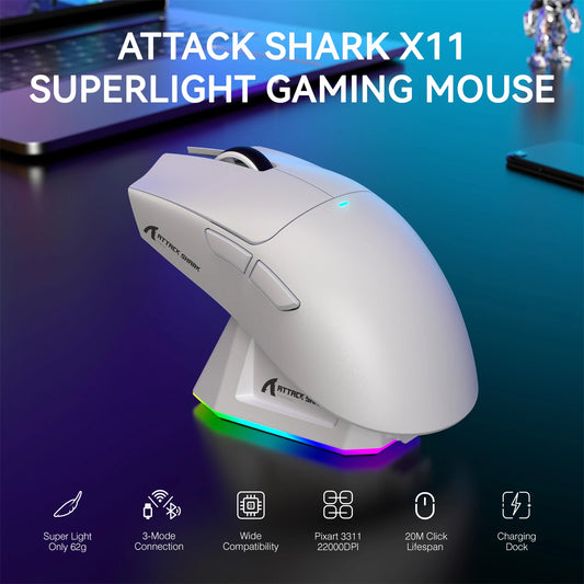 Lekka bezprzewodowa mysz gamingowa ATTACK SHARK X11 z podświetleniem RGB i ładowaniem, do 22K DPI, sensor optyczny PAW3311, przełączniki HUYU