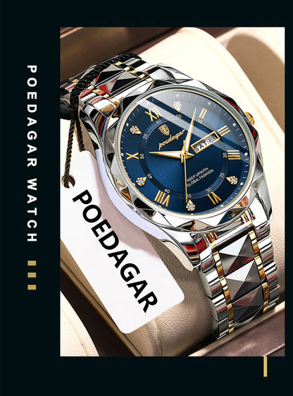 POEDAGAR Luxury Business Men's Watches Waterproof Stainless Steel Luminous Man Wristwatch Date Week Quartz Sport Men Watch Reloj