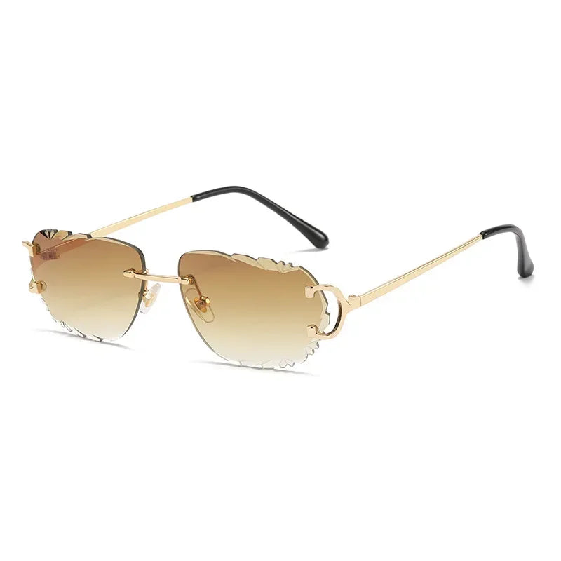 Ochelari de soare retro pentru femei, de marcă, de designer, fără ramă, ochelari de soare la modă, cu lentile tăiate neregulat, ochelari de vedere fără ramă pentru doamne
