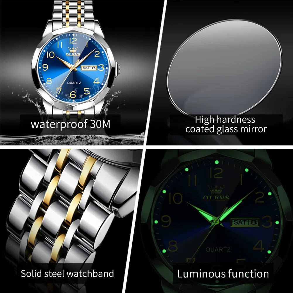 OLEVS 9970 Men Watch Original Brand Waterproof Luminous Quartz Watch Rhombus Mirror Stainless Steel Date-Day-Date Watch With Box