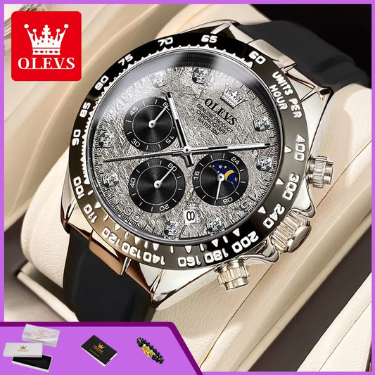 OLEVS 2875 Quartz Watch for Men Original Luxury Brand Silicone Strap Chronograph Auto Date Waterproof Moon Phase Sport Man Watch