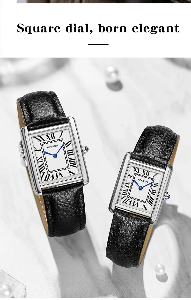 SANDA New Couple Tank Watches Wear Resistant Leather Strap Luxury Square Dial Waterproof Sports Casual Men Women Quartz Watches
