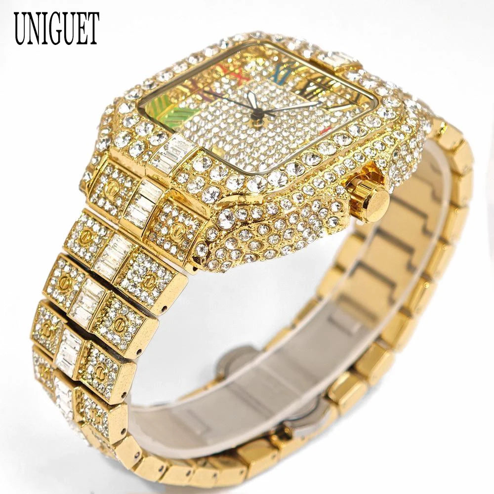 UNIGUET Fashion Diamond Watch for Men Luxury Waterproof Square Quartz Clocks Hip Hop Ice Out Jewelry Wristwatch Male Hot Sell