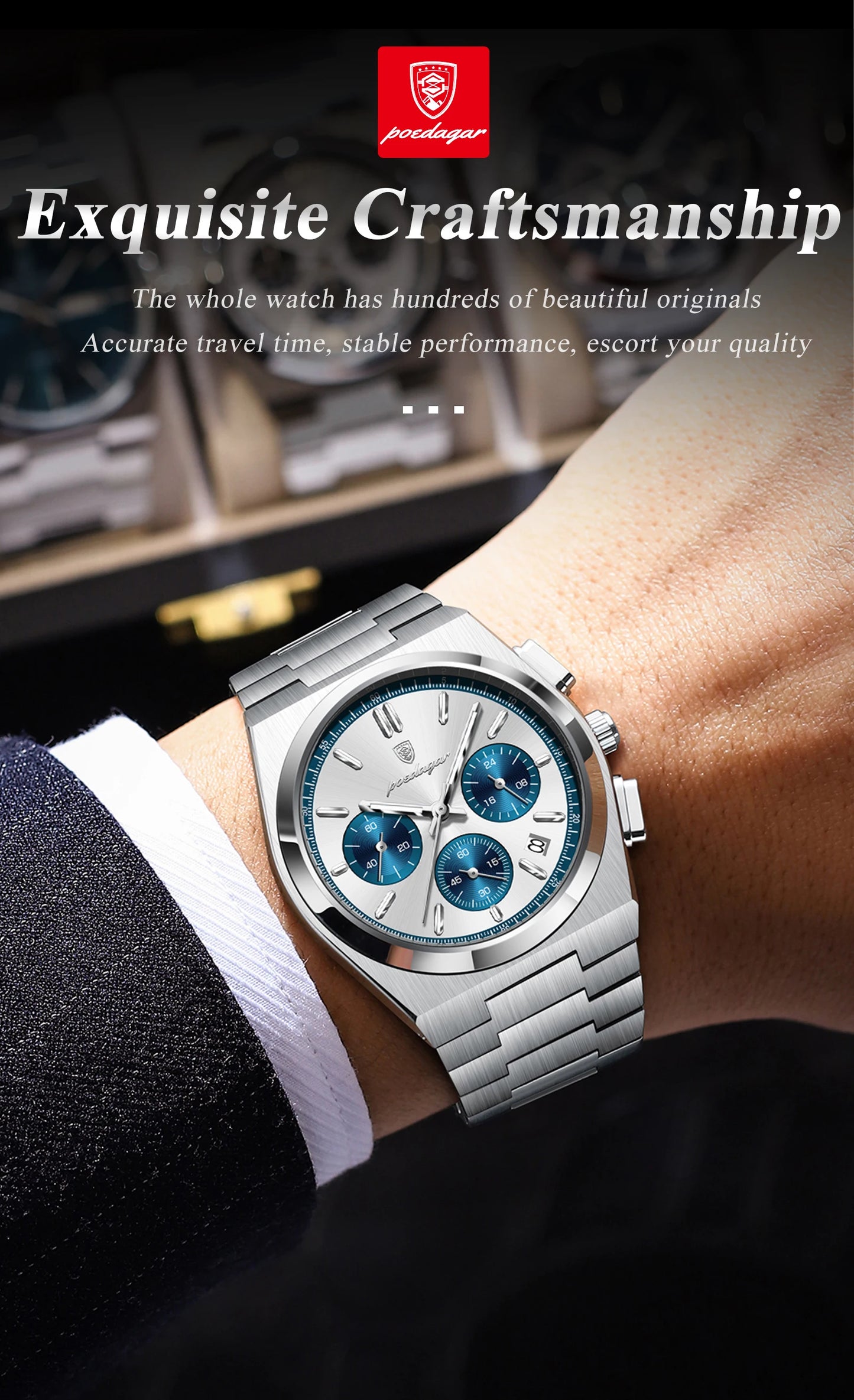 POEDAGAR Fashion Men's Wristwatch Chronograph Date Stainless Steel Quartz Man Clock Waterproof Luminous Business Watches For Men